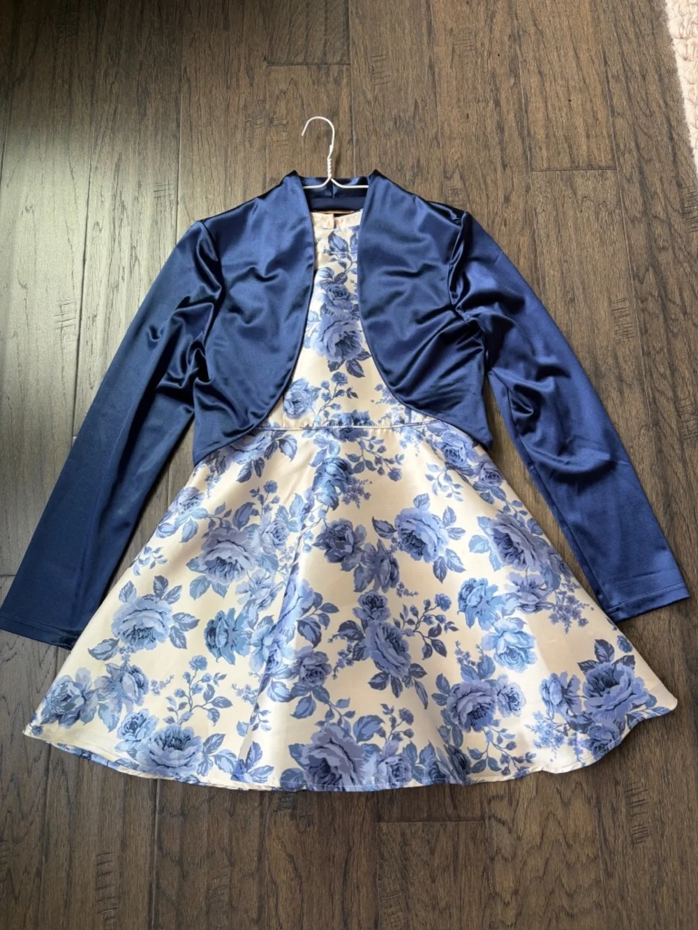 Rare Editions Fit-and-Flare Dress | Blue White Floral Print | Girls Size 16